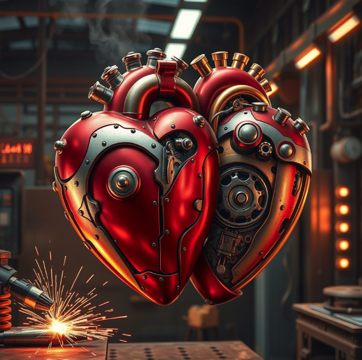 a red and silver heart shaped objects with a couple of sparks