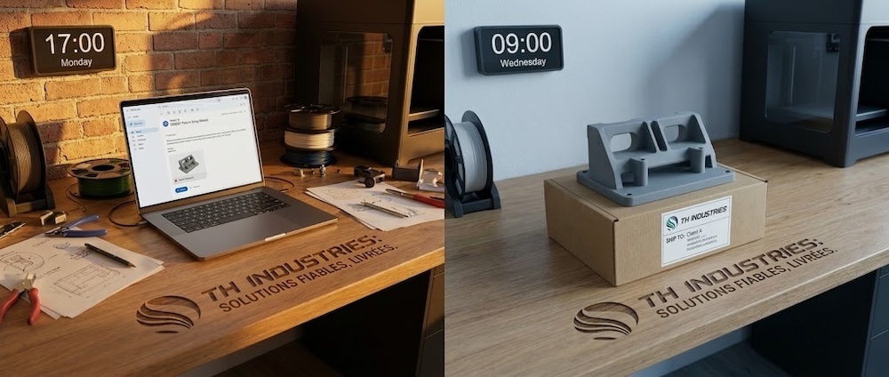 Technicien TH Industries inspectant une pièce FDM — livraison outillage impression 3D en 48h à Sarrigné près d'Angers