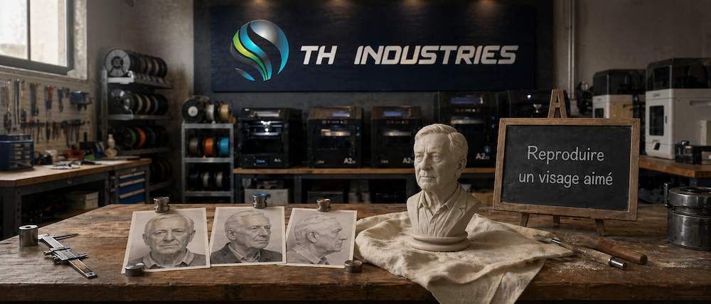 Buste funéraire impression 3D dans l'atelier TH Industries à Sarrigné — trois photographies de référence et buste mémorial fini