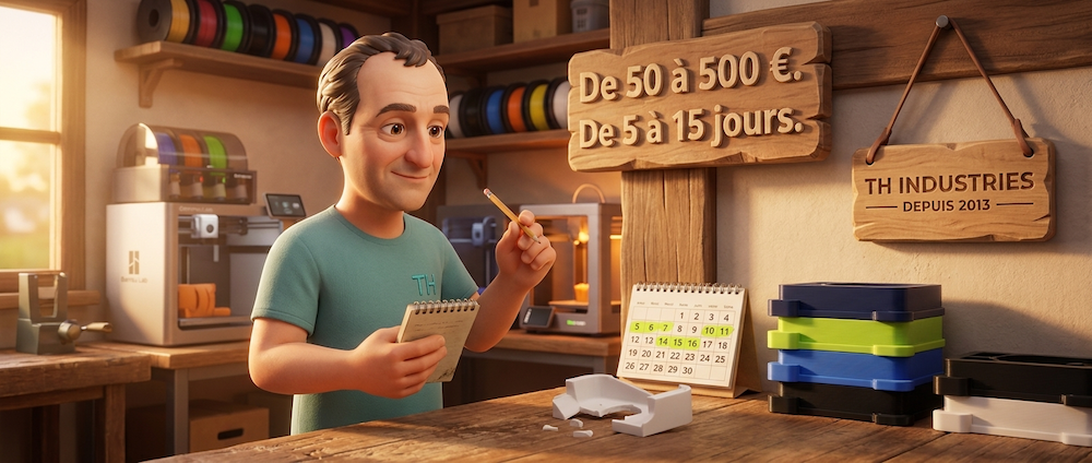 Tarifs impression 3D de pièces détachées chez TH Industries : de 50 à 500 euros selon complexité et de 5 à 15 jours de délai