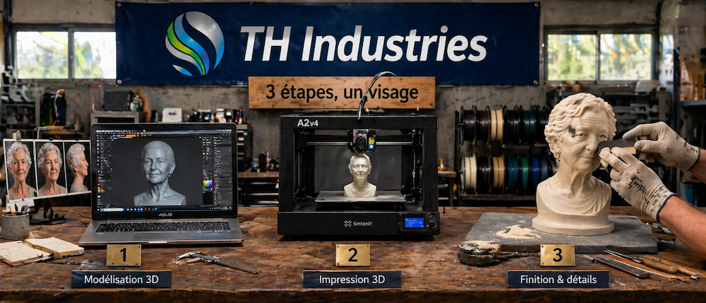 Comment fabriquer un buste funéraire en impression 3D — modélisation, impression et finition à l'atelier TH Industries