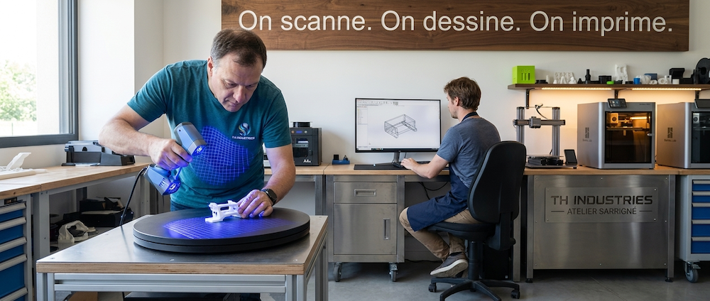 Dominique Droniou scanne une pièce plastique en 3D dans l'atelier TH Industries à Sarrigné pour refabriquer une pièce détachée introuvable