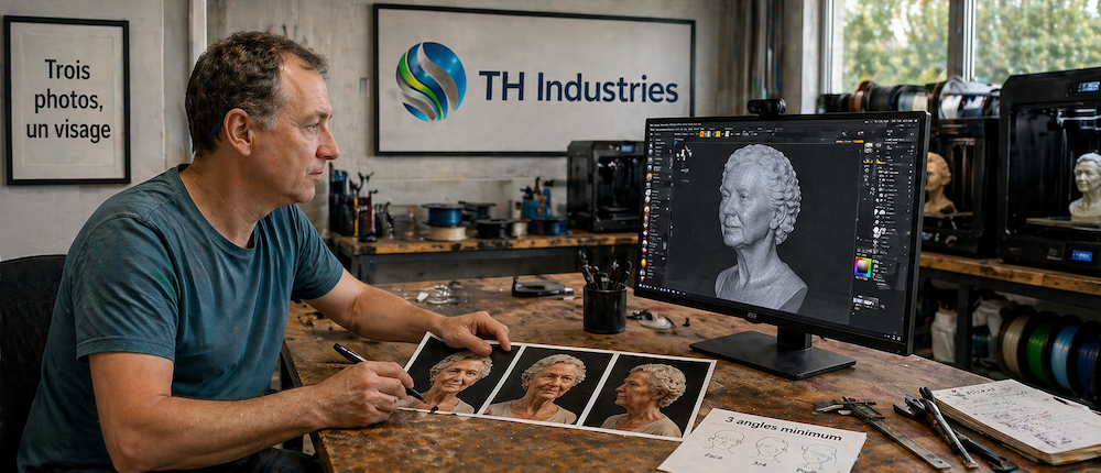 Reconstruction d'un visage en 3D à partir de trois photographies à l'atelier TH Industries — photogrammétrie pour buste funéraire mémorial