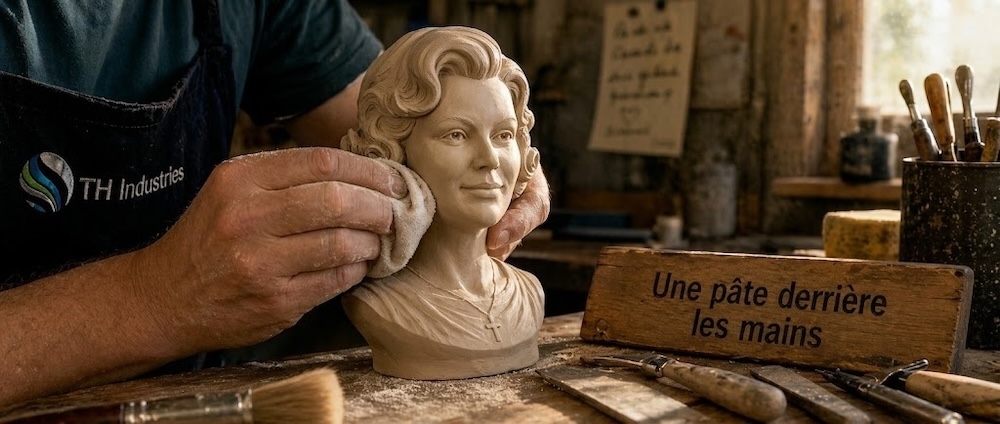 Finition manuelle d'un buste funéraire à l'atelier TH Industries — la pâte derrière les mains, signature artisanale après 14 ans d'expérience
