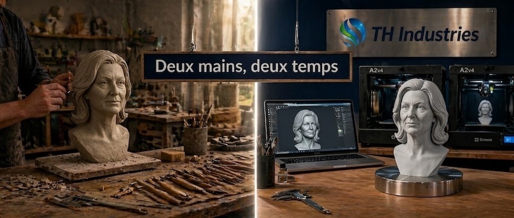 Comparaison entre sculpture traditionnelle à l'argile et buste imprimé en 3D à l'atelier TH Industries — deux techniques mémorielles