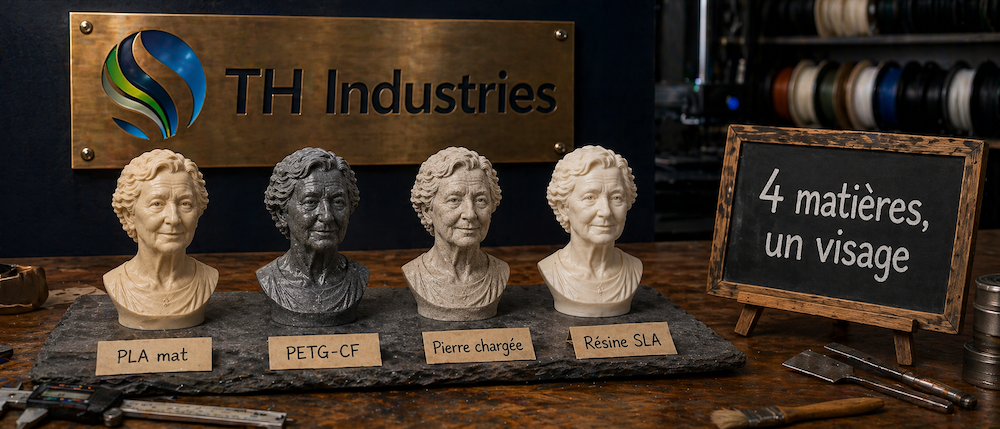 Quatre matériaux d'impression 3D pour bustes funéraires à l'atelier TH Industries — PLA mat, PETG-CF, polymère chargé pierre et résine SLA