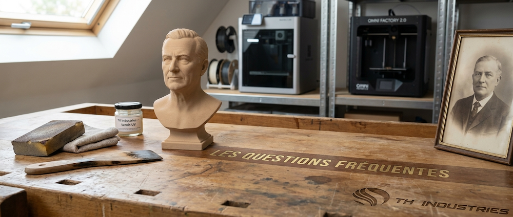 Buste funéraire imprimé en 3D à l'atelier TH Industries — finition vernis UV à côté du portrait ancien de référence pour mémorial familial