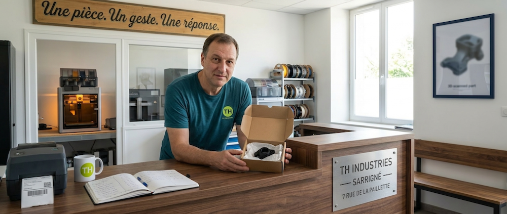 Dominique Droniou présente une pièce plastique refabriquée en impression 3D dans la boîte de livraison à l'atelier TH Industries de Sarrigné