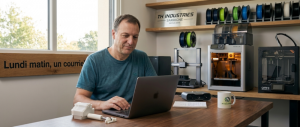 Dominique Droniou consulte un courriel demandant une pièce détachée introuvable à refabriquer en impression 3D dans l'atelier TH Industries à Sarrigné
