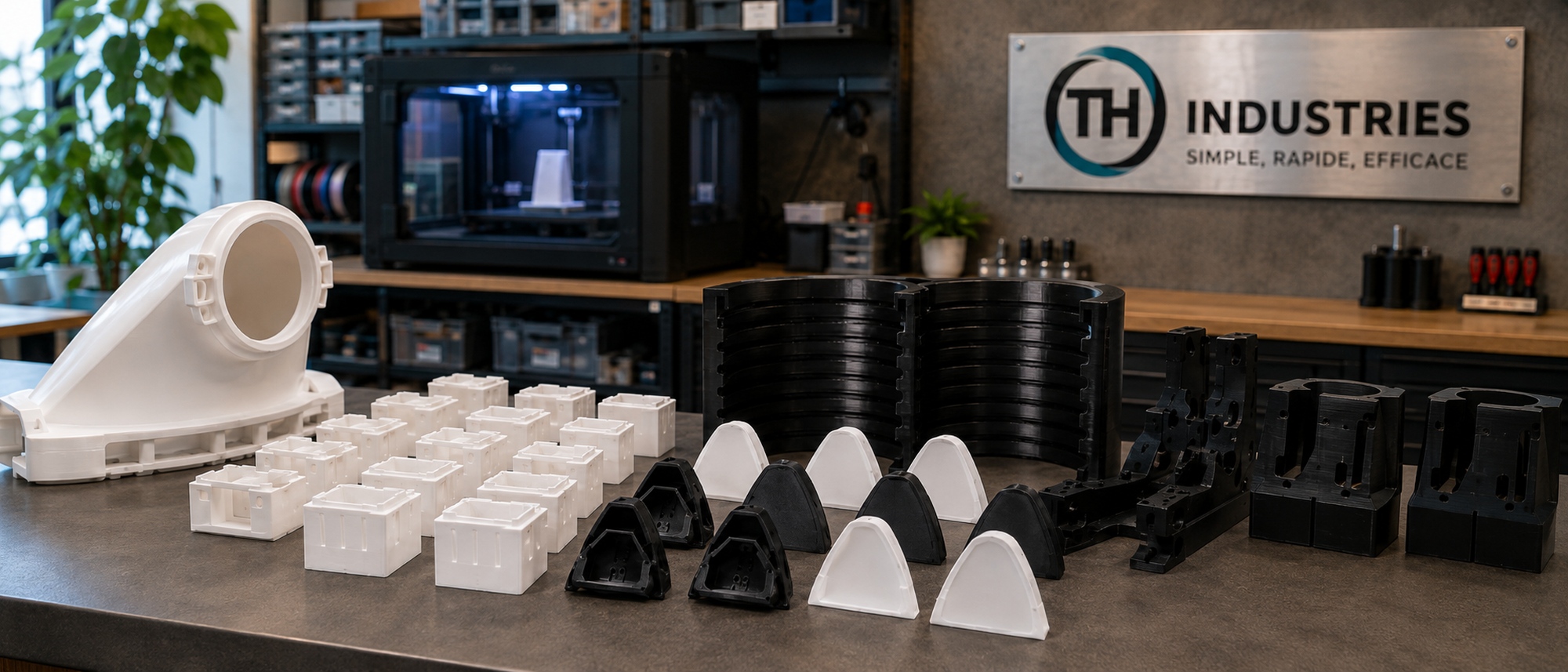 Lot de pieces techniques imprimees en 3D prepretes a expedier, production rapide 24-48h dans l'atelier TH Industries a Sarrigne pres d'Angers