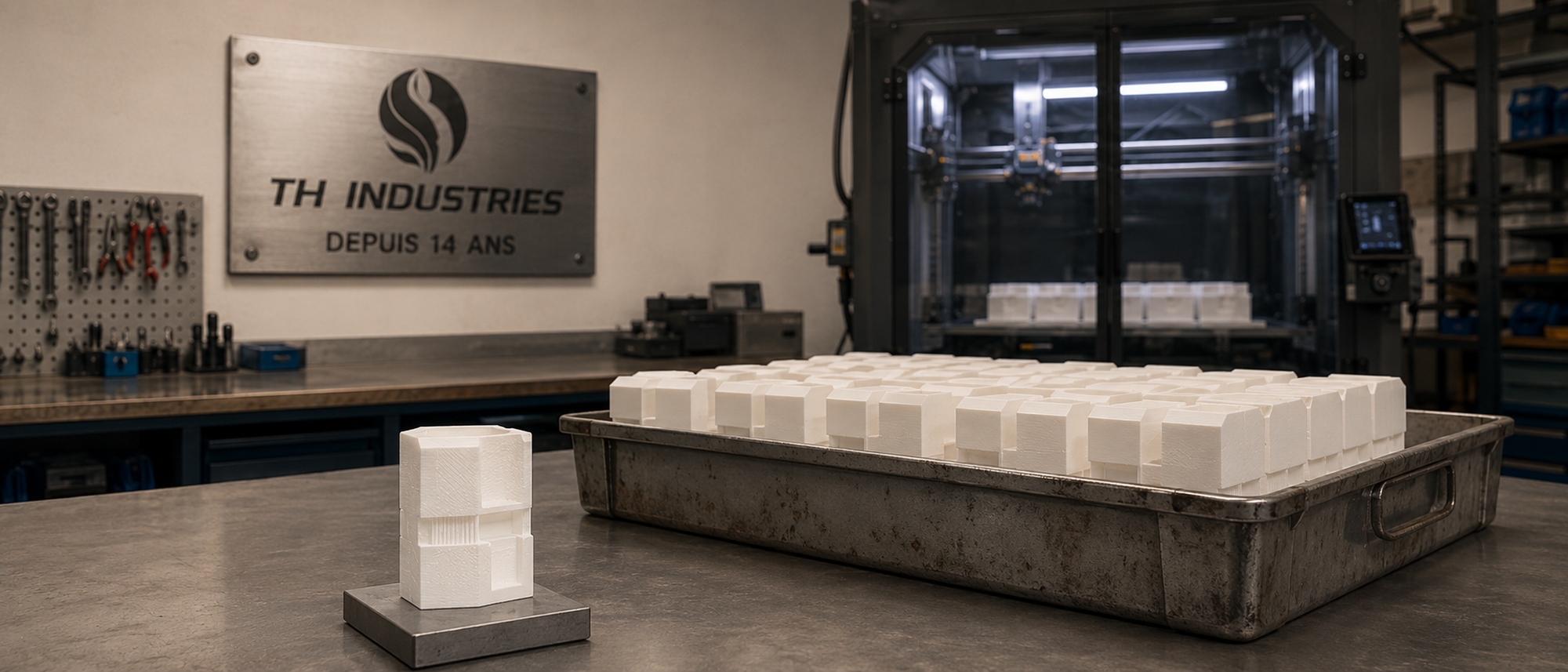 Une piece prototype imprimee en 3D devant un bac de la meme piece en serie identique, atelier TH Industries a Sarrigne pres d'Angers