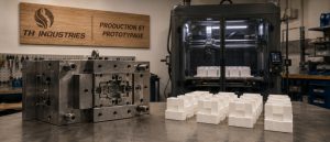 Comparaison entre un moule a injection en acier et des pieces imprimees en 3D dans l'atelier TH Industries a Sarrigne, pres d'Angers