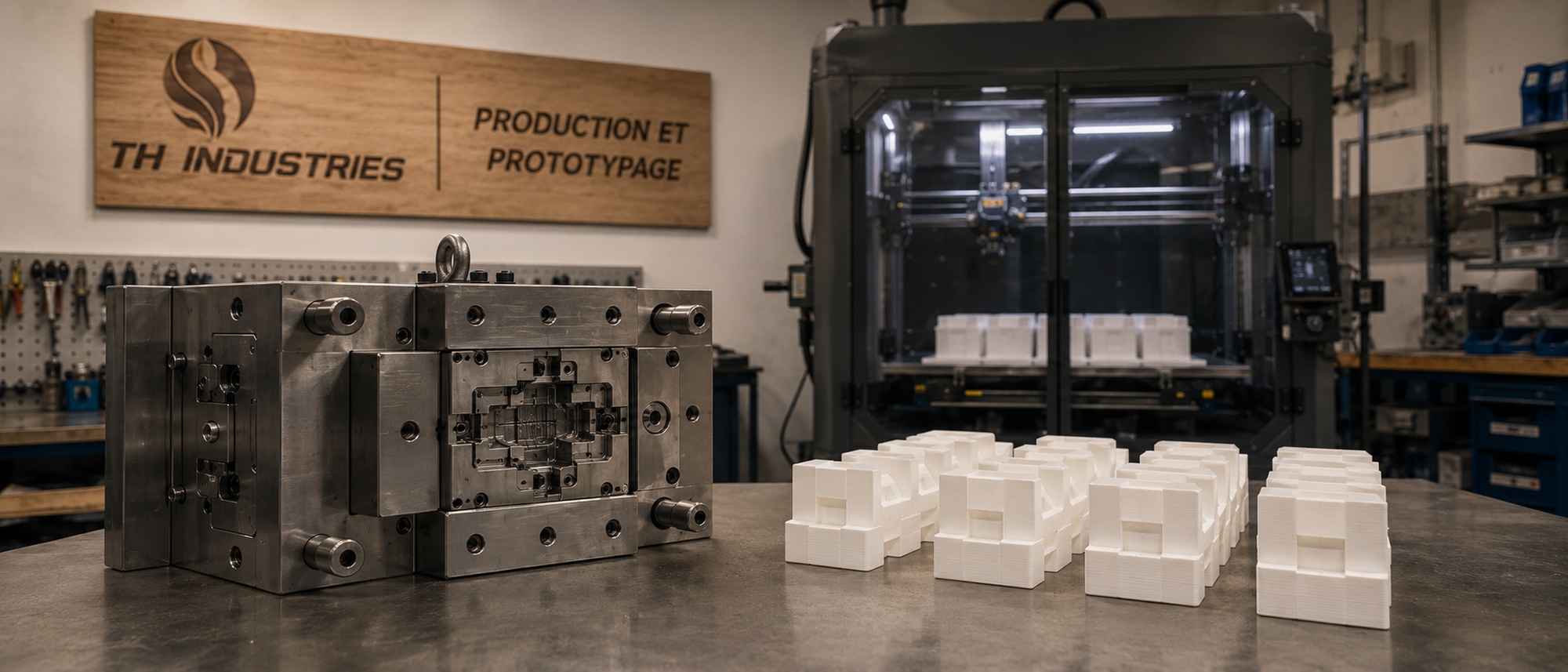 Comparaison entre un moule a injection en acier et des pieces imprimees en 3D dans l'atelier TH Industries a Sarrigne, pres d'Angers