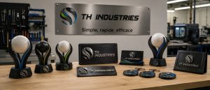 Objets promotionnels imprimes en 3D, trophees, plaques et medaillons au logo TH Industries, dans l'atelier de Sarrigne pres d'Angers