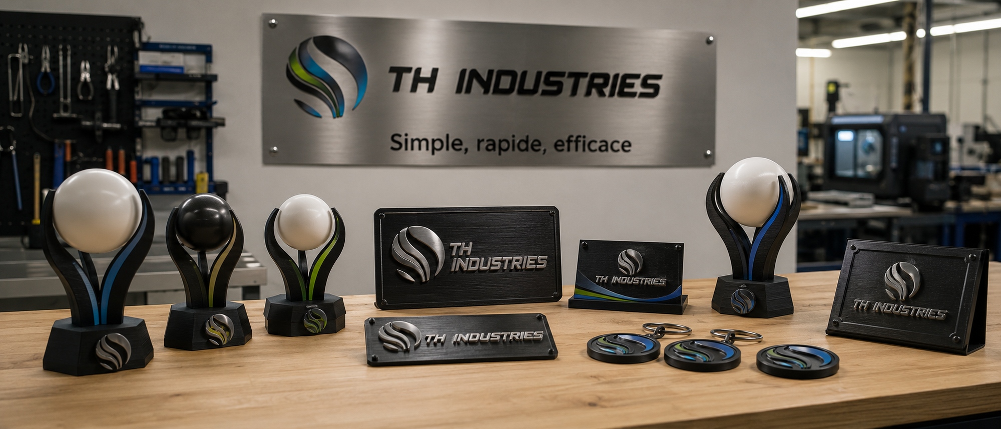 Objets promotionnels imprimes en 3D, trophees, plaques et medaillons au logo TH Industries, dans l'atelier de Sarrigne pres d'Angers