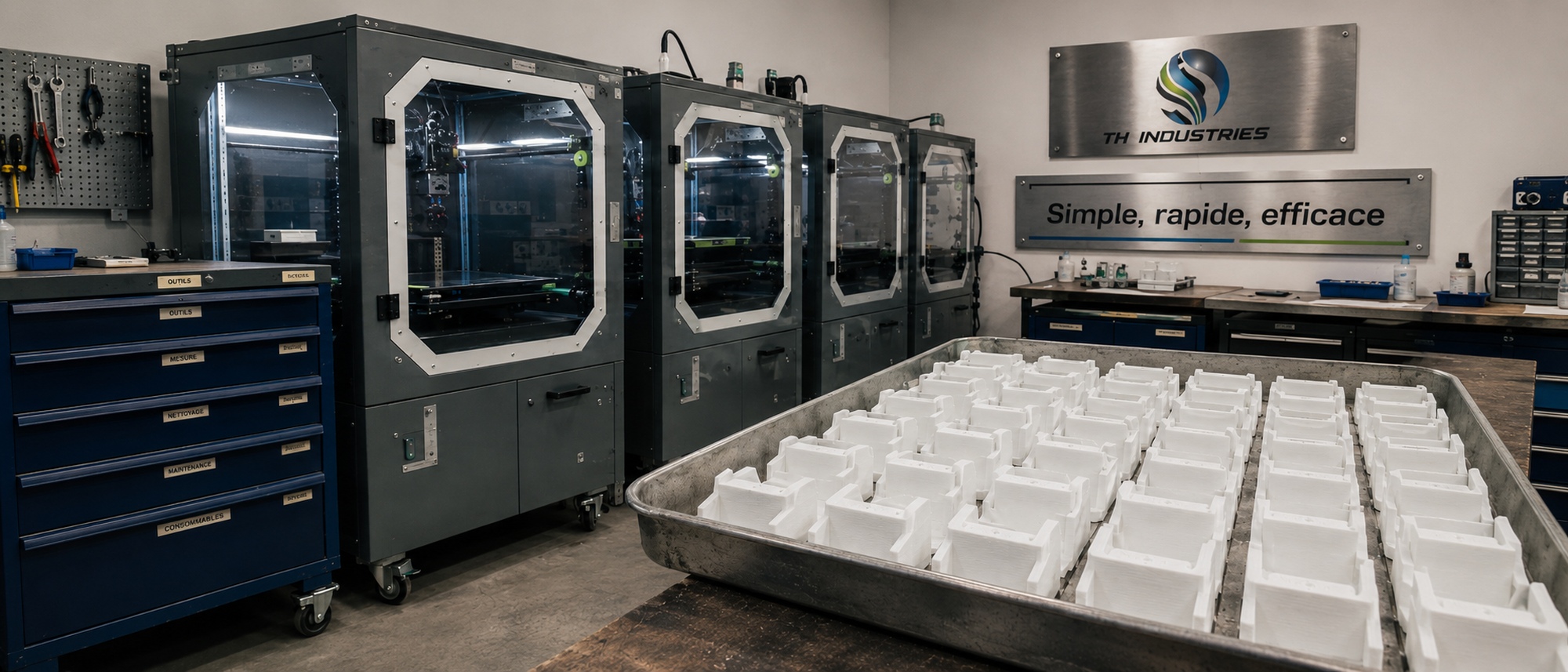 Parc d'imprimantes 3D FDM fermees en production de serie dans l'atelier TH Industries a Sarrigne, pres d'Angers, avec le slogan Simple, rapide, efficace
