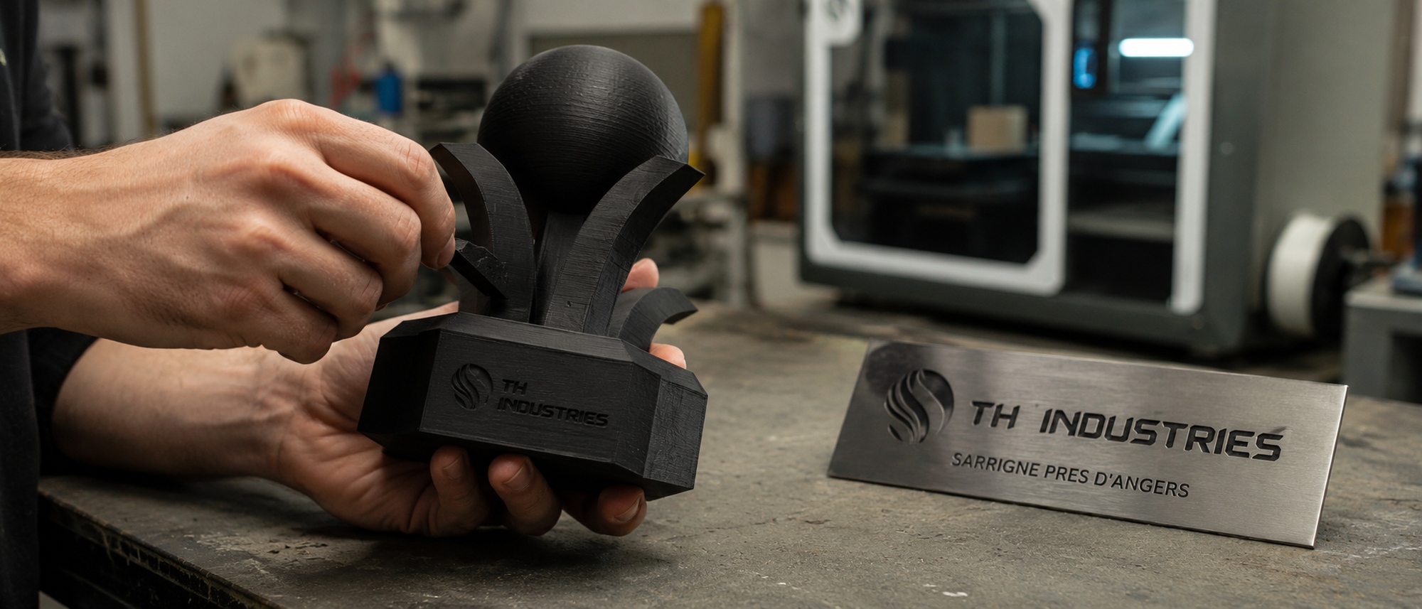 Main finissant un trophee d entreprise imprime en 3D au logo TH Industries, atelier de Sarrigne pres d Angers