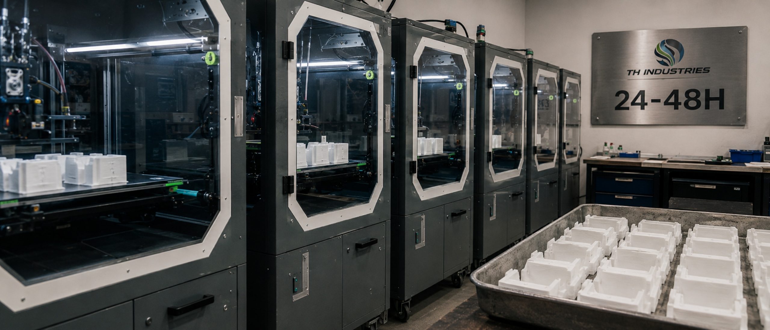 Délai de production d’une série en impression 3D : parc d’imprimantes à carter fermé imprimant en parallèle dans l’atelier TH Industries à Sarrigné