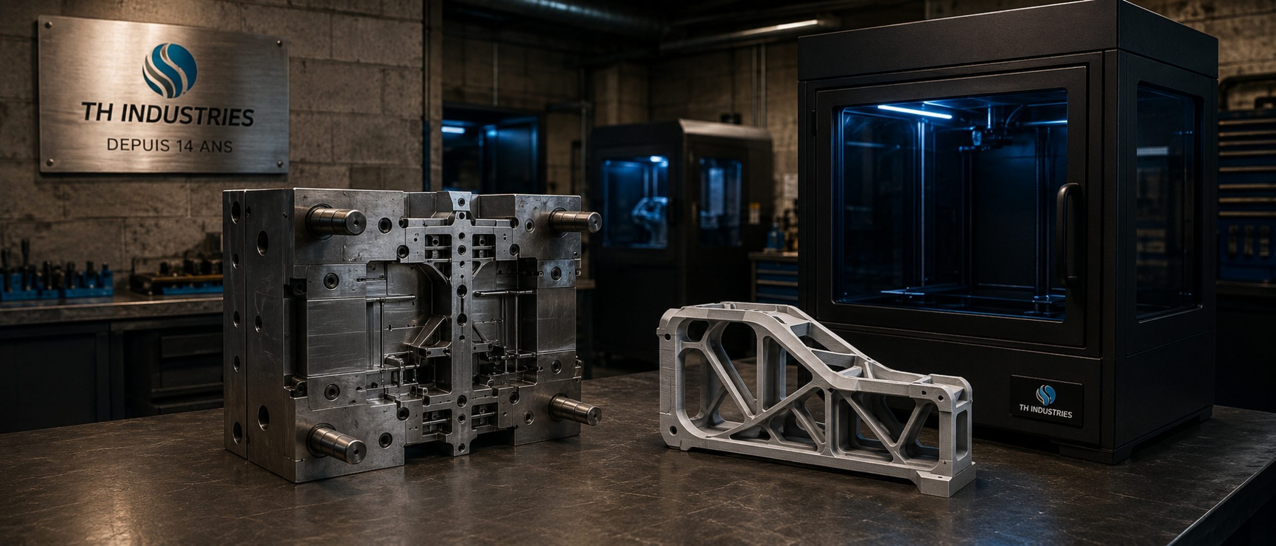 Injection plastique ou impression 3D : moule en acier à côté d’une pièce produite en impression 3D dans l’atelier TH Industries à Sarrigné
