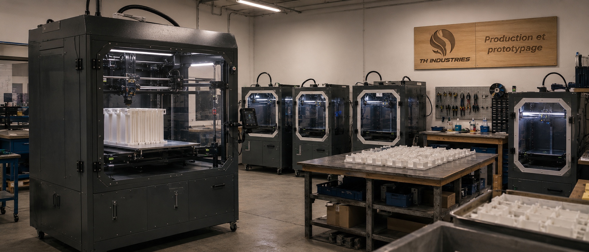 Imprimante 3D grand format T1000 et parc de machines FDM en production de serie dans l'atelier TH Industries pres d'Angers