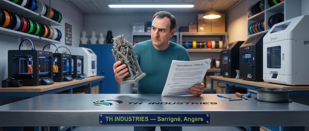 Dominique Droniou tenant une pièce sculptée imprimée en 3D dans son atelier TH Industries à Sarrigné, avec un document du Code du patrimoine ouvert sur le bureau