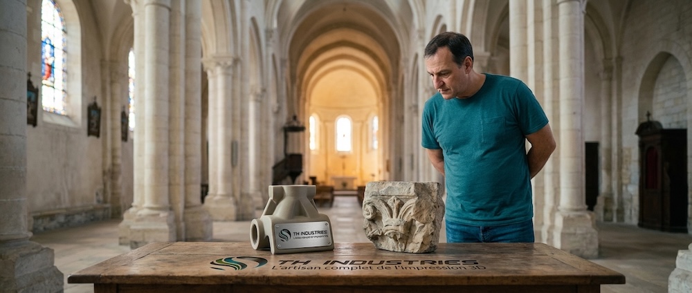 Dominique Droniou, fondateur de TH Industries, observe une pièce imprimée en 3D dans une église classée monument historique des Pays de la Loire