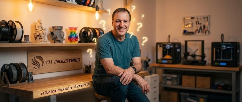 Dominique Droniou, fondateur de TH Industries, souriant dans son atelier à Sarrigné près d'Angers, prêt à répondre à vos questions sur l'impression 3D patrimoine