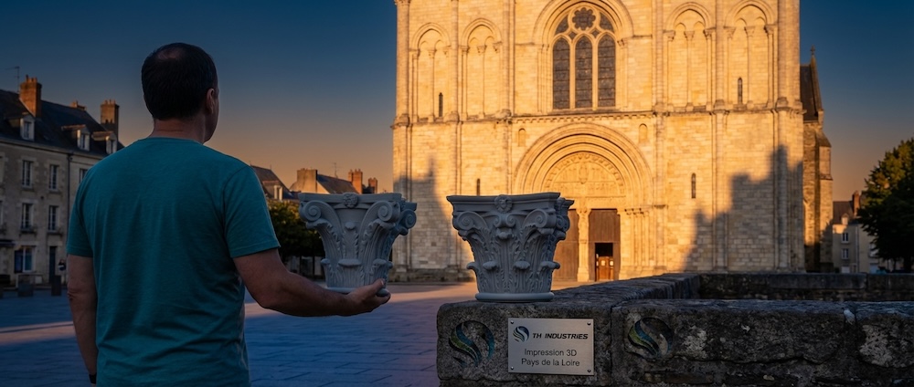 Dominique Droniou de TH Industries devant la cathédrale Saint-Maurice d'Angers au crépuscule, présentant des chapiteaux imprimés en 3D reproduisant des éléments architecturaux romans
