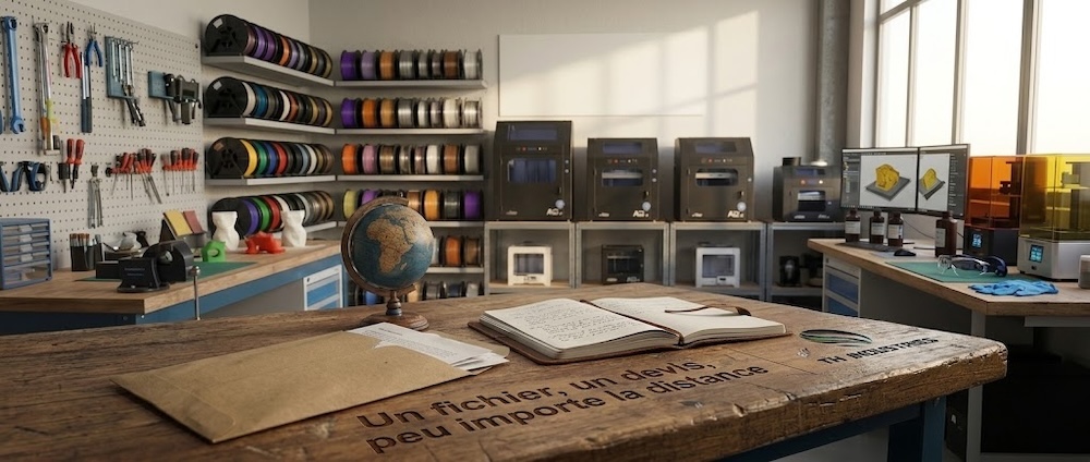 Enveloppe de courrier et globe terrestre miniature en bois sur un établi de l'atelier TH Industries