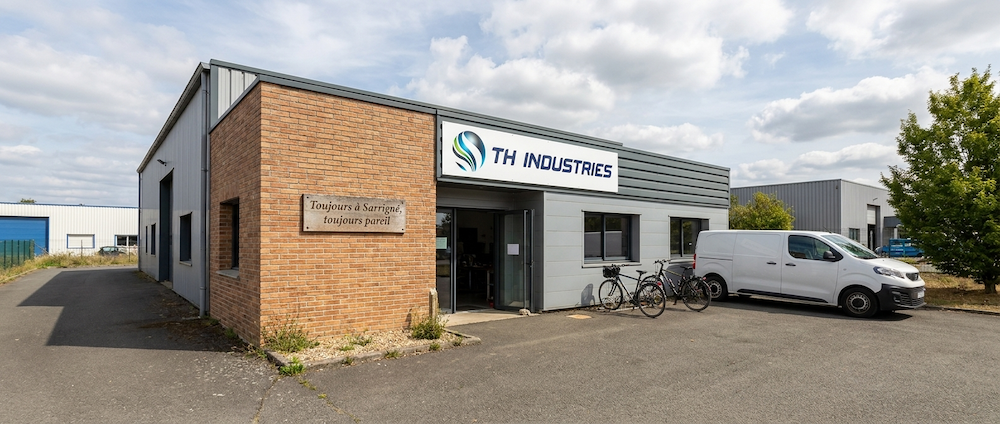Façade de l'atelier TH Industries à Sarrigné, enseigne visible, zone artisanale des Pays de la Loire