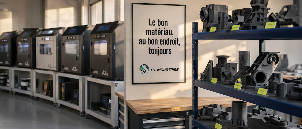 Étagère de pièces techniques haute performance imprimées en 3D dans l'atelier TH Industries, imprimantes fermées en arrière-plan