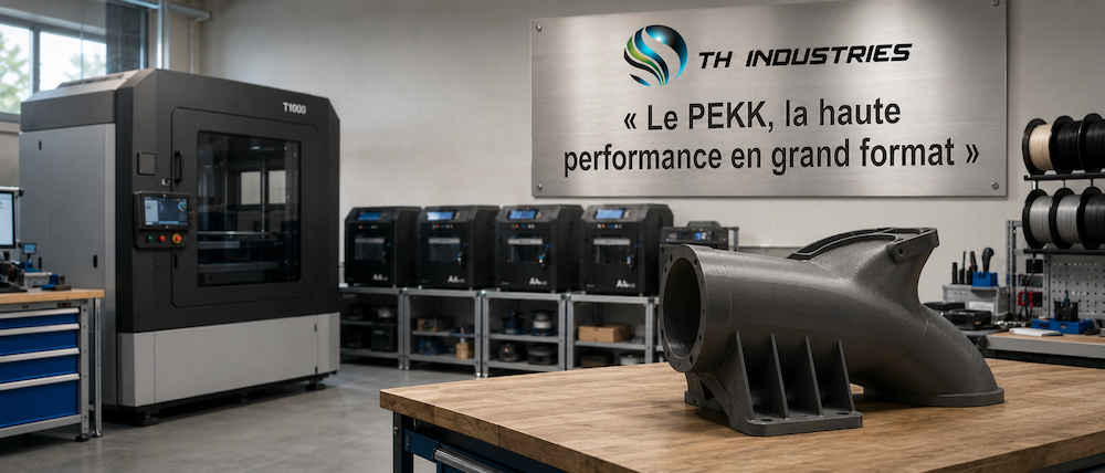 Impression 3D PEKK : pièce technique posée devant la T1000 dans l'atelier TH Industries à Sarrigné