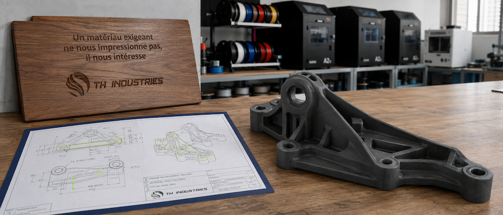 Pièce technique en PEKK et plan d'ingénierie devant les imprimantes 3D de l'atelier TH Industries