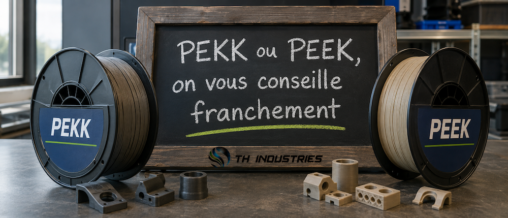 Bobines de filament PEKK et PEEK côte à côte avec pièces d'essai imprimées en 3D dans l'atelier TH Industries
