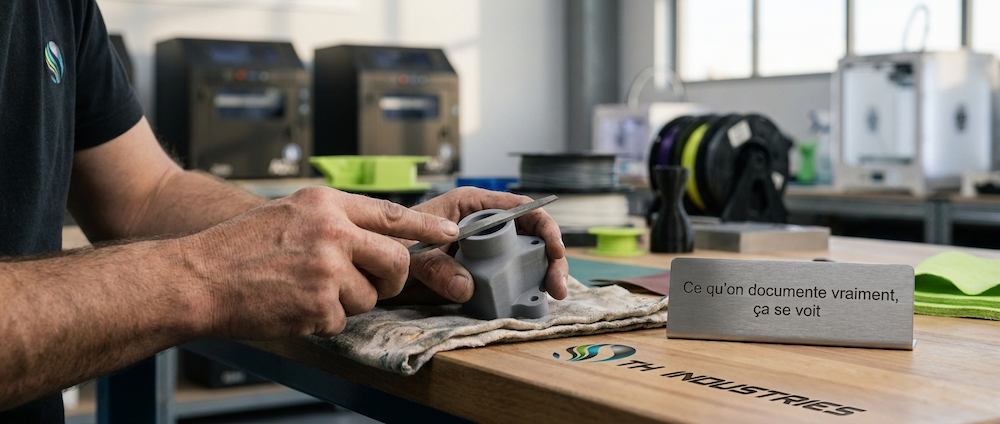 Mains d'un artisan de l'atelier TH Industries finissant une pièce imprimée en 3D, plaque gravée Ce qu'on documente vraiment ça se voit