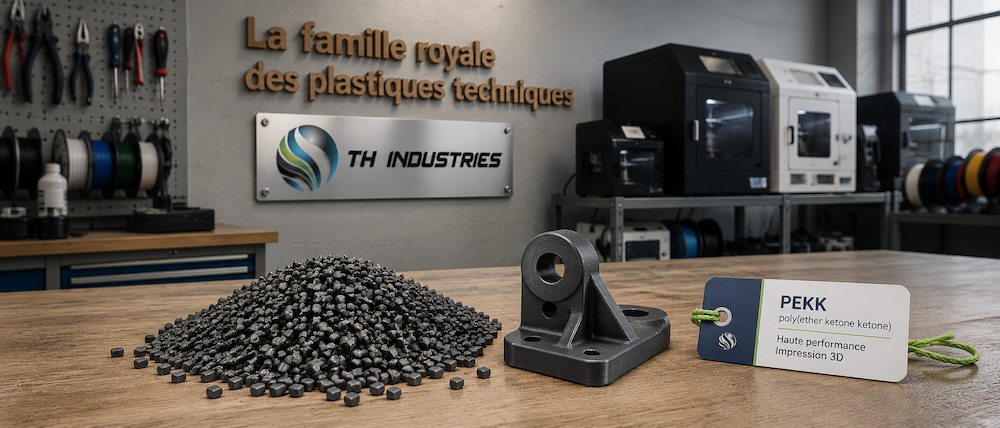Granulés de PEKK, pièce technique imprimée en 3D et étiquette matériau dans l'atelier TH Industries