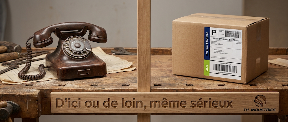 Composition split-screen téléphone fixe vintage et colis d'expédition internationale sur un établi de l'atelier TH Industries