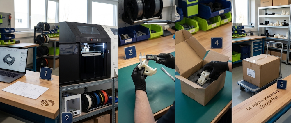 Vue d'ensemble de l'atelier TH Industries montrant les étapes de production, du fichier à l'expédition