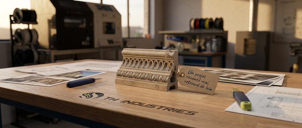 Pièce imprimée en 3D de style architectural posée sur un établi, croquis techniques en arrière-plan
