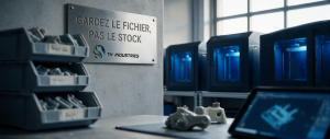 Production à la demande impression 3D : bacs de pièces plastiques et fichier 3D à l'écran dans l'atelier TH Industries à Sarrigné, près d'Angers