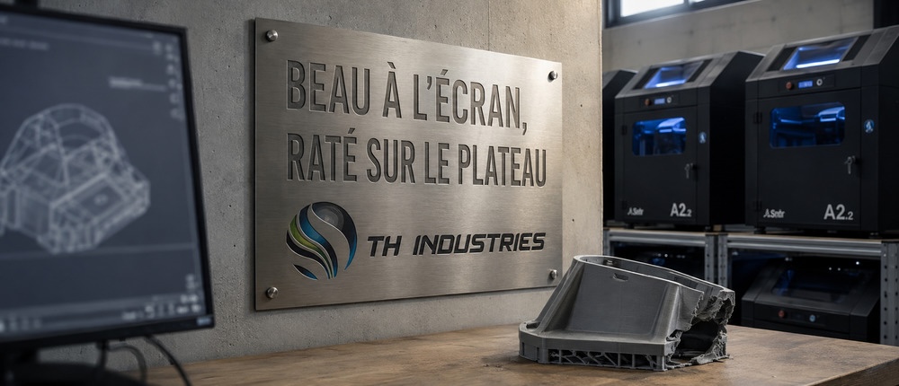Conception pièce impression 3D FDM : plaque atelier TH Industries à Sarrigné avec écran CAO et pièce imprimée