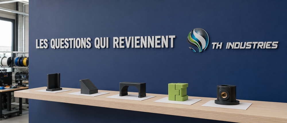 Cinq échantillons de conception pièce impression 3D FDM alignés sur une étagère de l'atelier