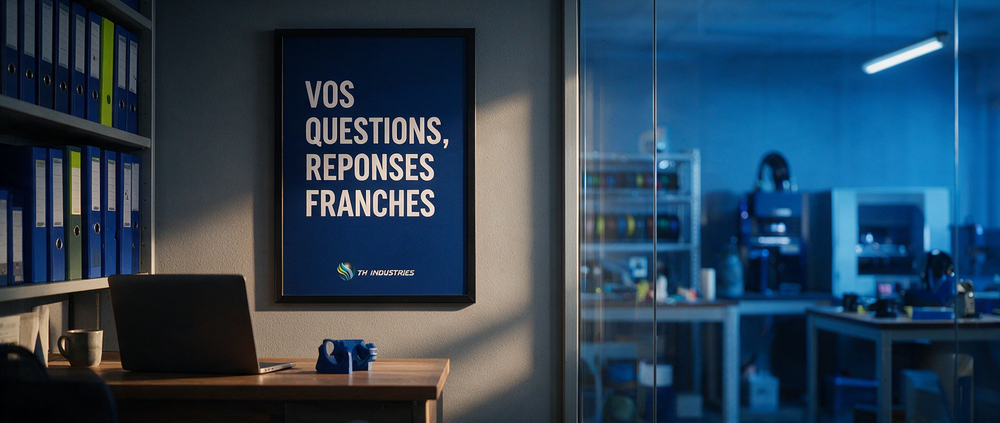 Affiche Vos questions réponses franches dans le bureau de TH Industries à Sarrigné, près d'Angers