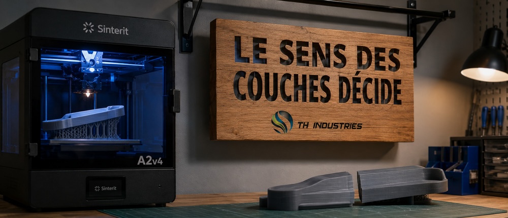 Pièce en cours d'impression 3D FDM dans une machine à carter fermé, avec supports sous un surplomb
