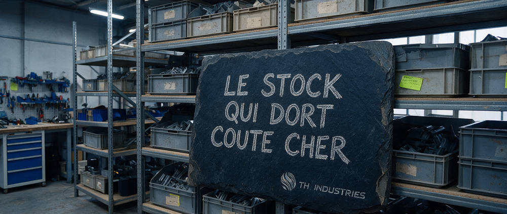 Ardoise Le stock qui dort coûte cher devant des rayonnages de bacs de pièces plastiques stockées en atelier