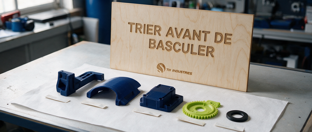 Pièces techniques imprimées en 3D alignées sur un établi devant un panneau en bois gravé Trier avant de basculer