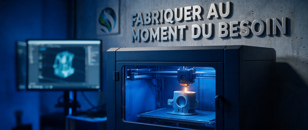 Imprimante 3D à carter fermé fabriquant une pièce à la demande sous le lettrage mural Fabriquer au moment du besoin