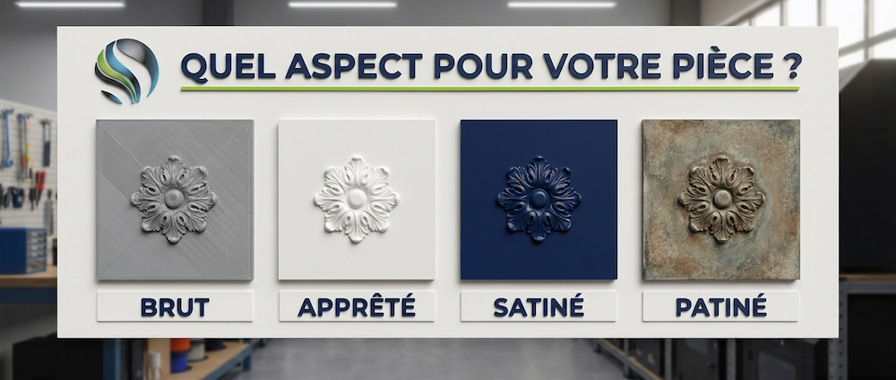 Rosace imprimée en 3D montrée en quatre aspects : brut, apprêté, satiné, patiné
