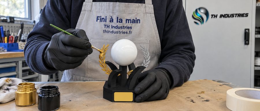 Mains gantées qui peignent au pinceau fin les lauriers dorés d'un trophée imprimé en 3D, sur la table de finition d'un atelier près d'Angers
