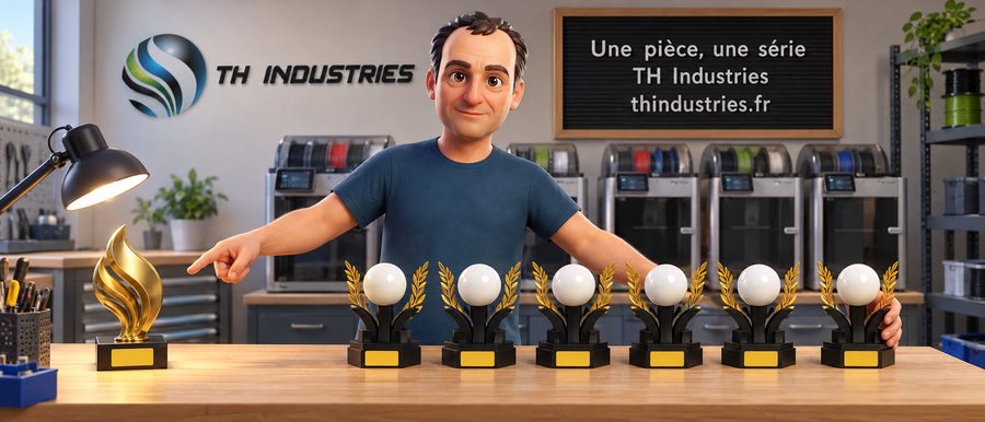 Dominique Droniou en 3D entre un trophée unique en forme de flamme dorée et une série de trophées identiques, sur l'établi de l'atelier